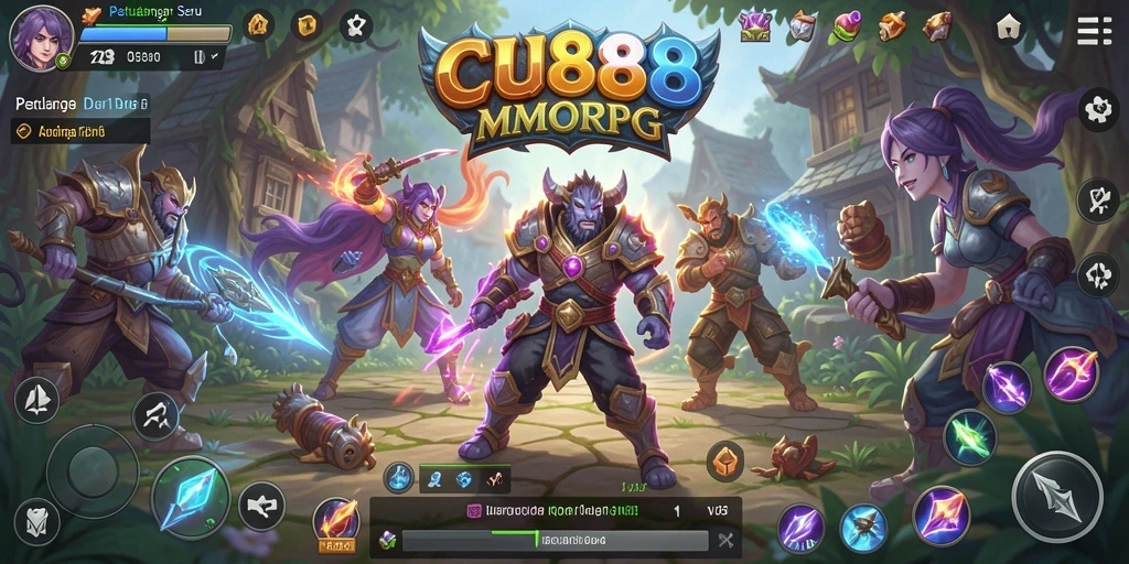 Screenshot utama CU888 menampilkan aksi pertempuran seru dalam dunia MMORPG yang epik.
