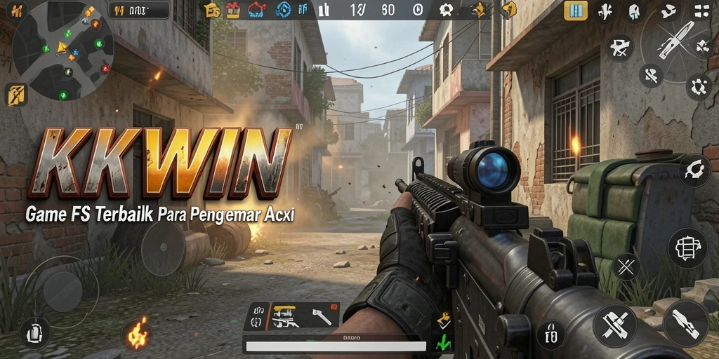 Tangkapan layar utama KKWIN menunjukkan aksi intense dalam permainan FPS.