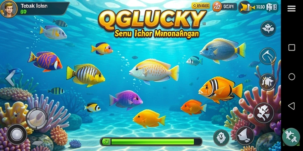 Screenshot QGLUCKY menampilkan gameplay Tembak Ikan yang dinamis.