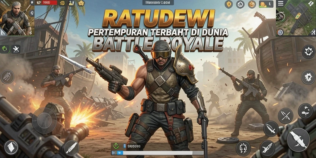 Screenshot utama RATUDEWI menampilkan aksi pertempuran epik di arena Battle Royale.